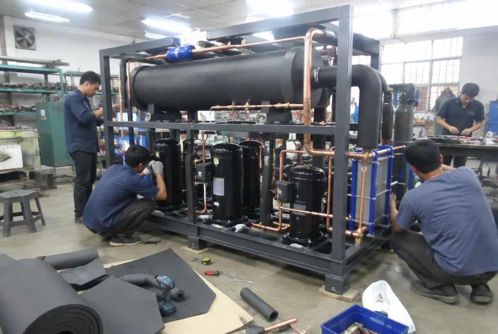 Perakitan water chiller custom dengan kompresor scroll di workshop Jakarta