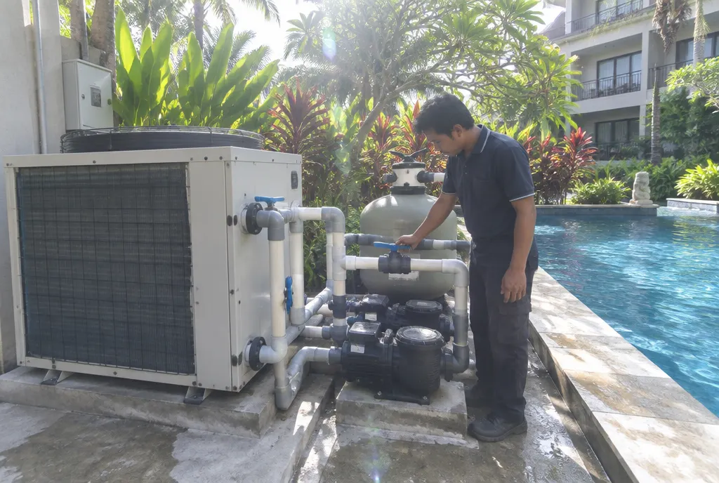 Instalasi pool chiller dengan piping PVC di ruang pompa kolam renang hotel