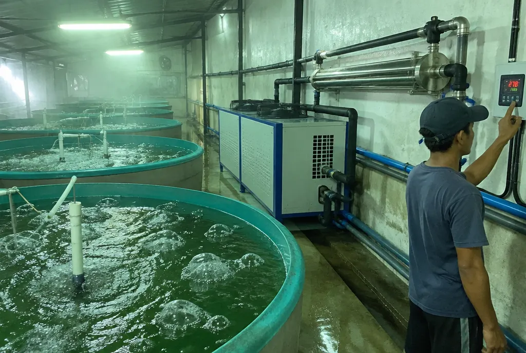 Water chiller dengan heat exchanger titanium di fasilitas budidaya udang indoor