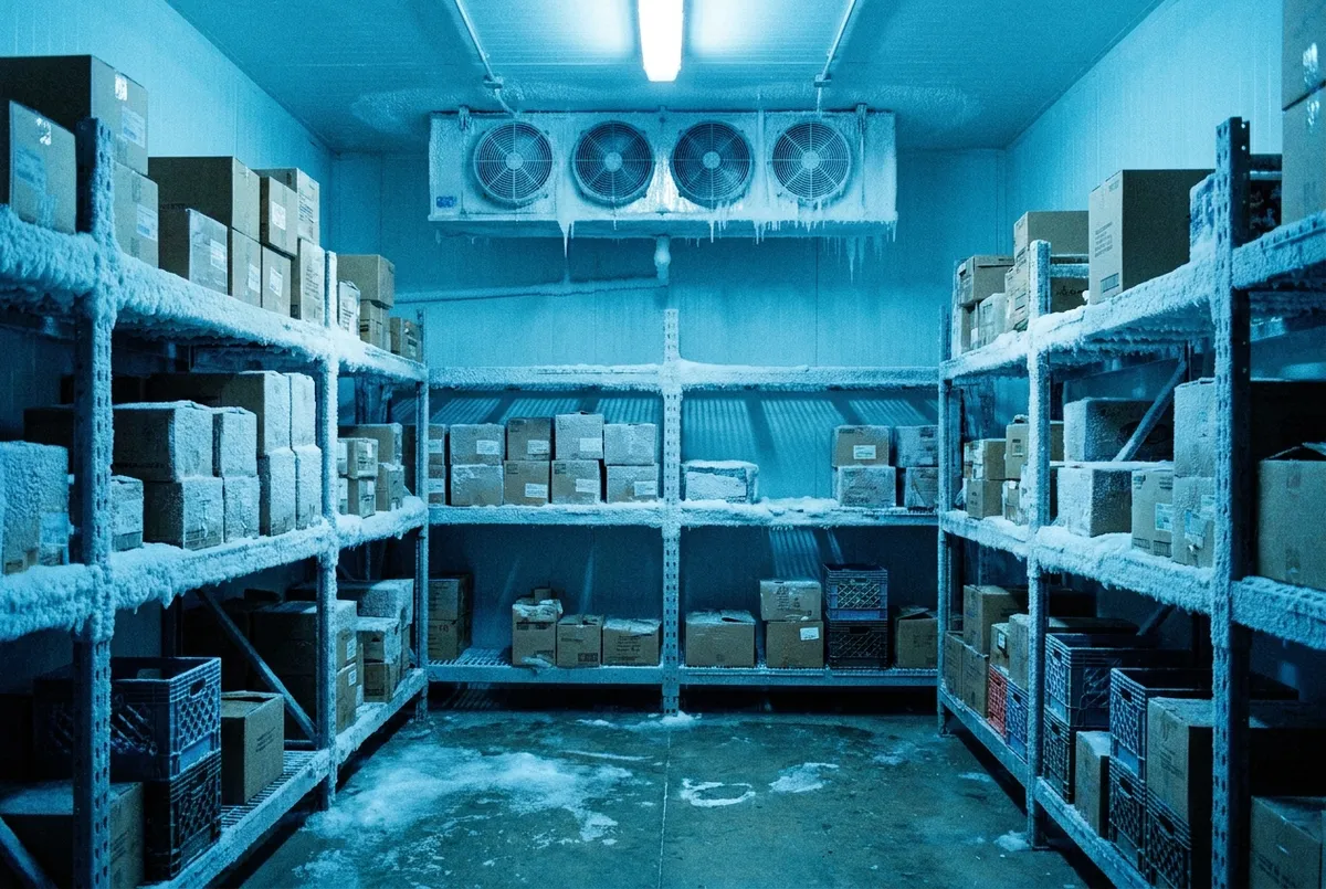 Interior cold storage gudang pendingin dengan rak produk beku di Jakarta