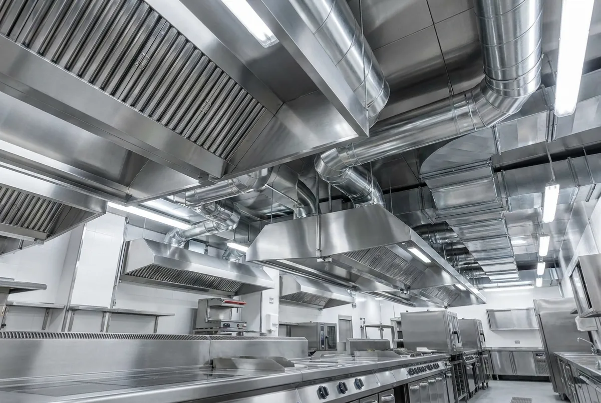 Hood exhaust stainless steel dengan filter grease di dapur restoran Jakarta