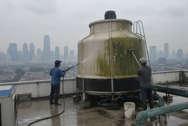 Pembersihan cooling tower di atap gedung perkantoran Jakarta