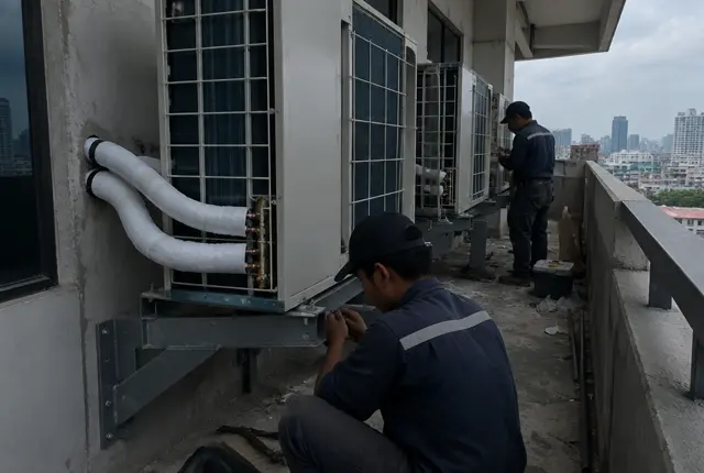 Instalasi outdoor unit AC VRF di balkon servis gedung Tangerang