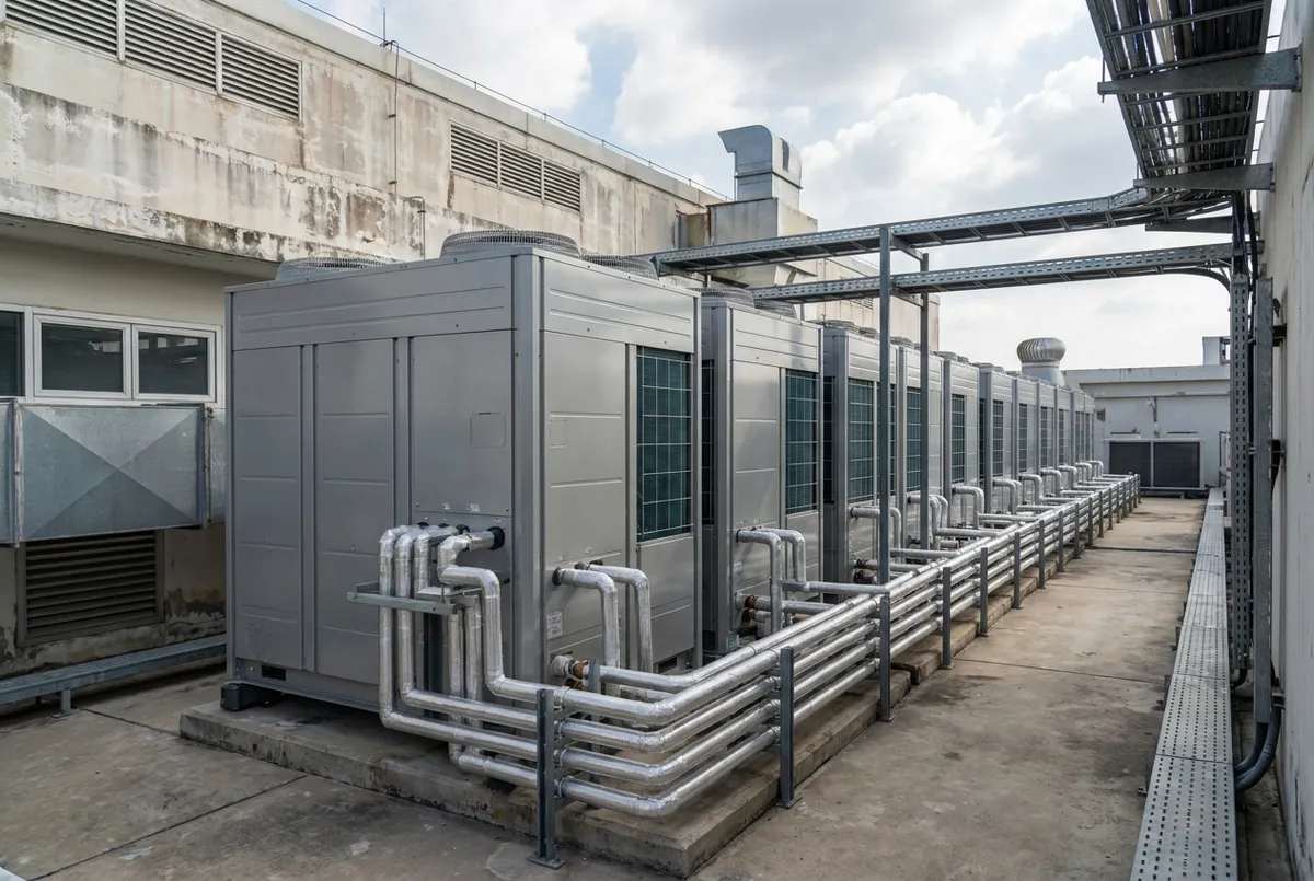 Row of commercial VRF outdoor units at a Jakarta office building